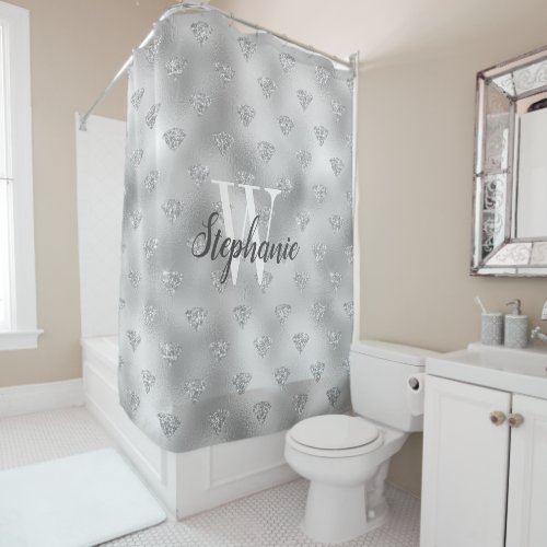 Silver Foil Diamond Glitter Pattern Monogram Shower Curtain