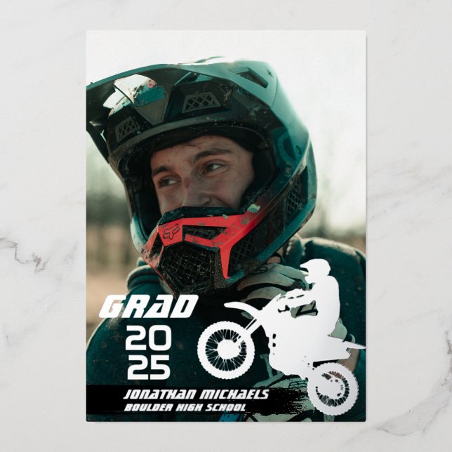 Silver Foil Dirt Bike Motocross 2 Photo Graduation Foil Invitation (Front)