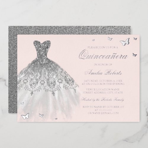 SILVER FOIL Dress Butterfly Quinceanera Foil Invitation