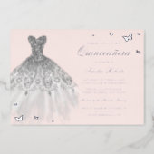 SILVER FOIL Dress Butterfly Quinceanera Foil Invitation (Front)