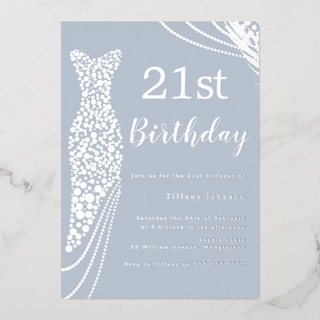 Silver Foil Dress Dusty Blue Elegant 21st Birthday Foil Invitation (Front)