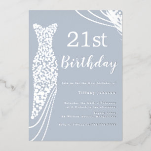 Silver Foil Dress Dusty Blue Elegant 21st Birthday Invitation