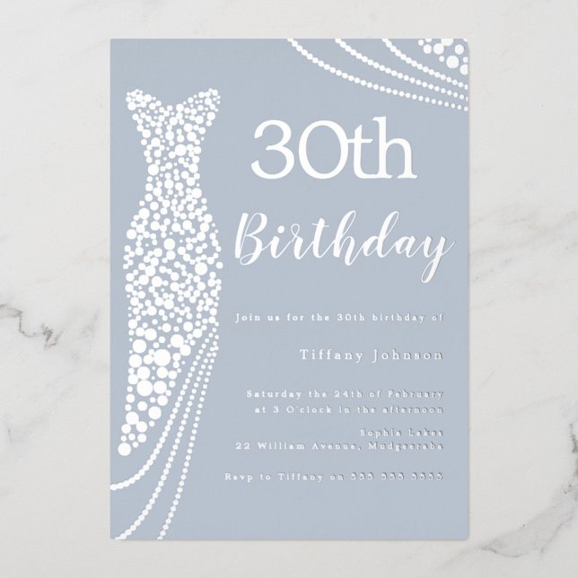 Silver Foil Dress Elegant 30th Birthday Invitation (Front)
