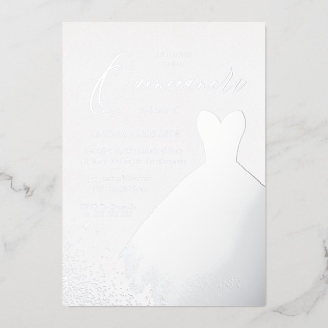 Silver Foil Dress Elegant Quinceanera Party Foil Invitation (Front)