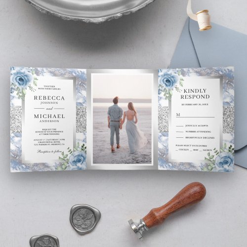 Silver Foil Dusty Blue Floral Marble Photo Wedding Tri_Fold Invitation