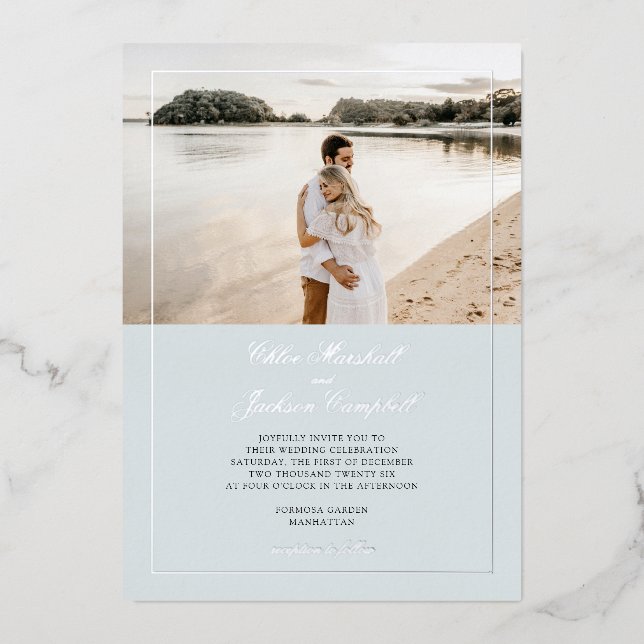 Silver Foil Dusty Blue Minimalist Elegant Wedding Foil Invitation (Front)