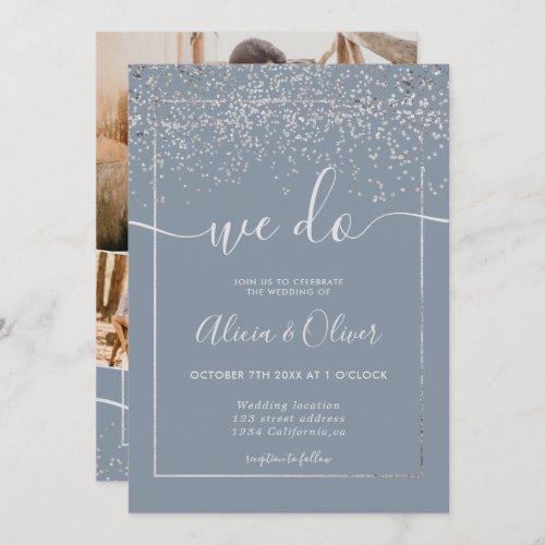 Silver foil dusty blue photo initials wedding invitation