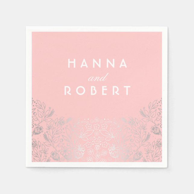 Silver Foil Effect Floral Countryside Pink Wedding Paper Napkins (Front)