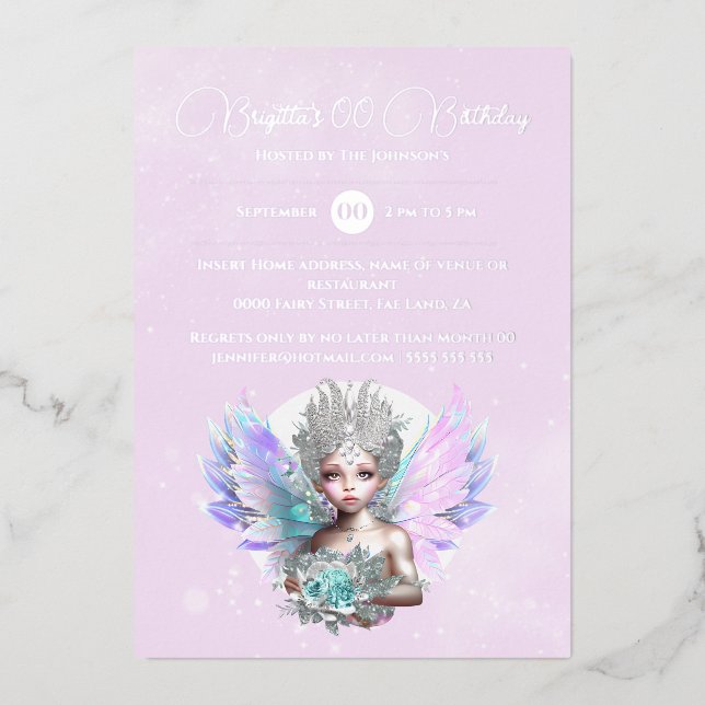 Silver foil fairy princess rose flower iridescent  invitation (Front)