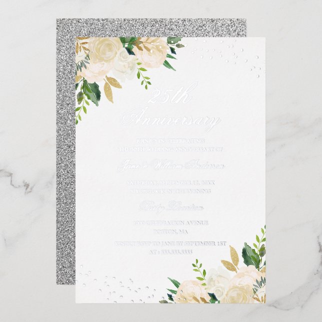 SILVER FOIL Floral 25th Anniversary Foil Invitation (Front/Back)