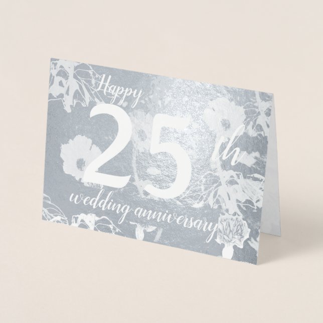 Silver Foil Floral 25th Wedding Anniversary Blank Foil Card (Front)