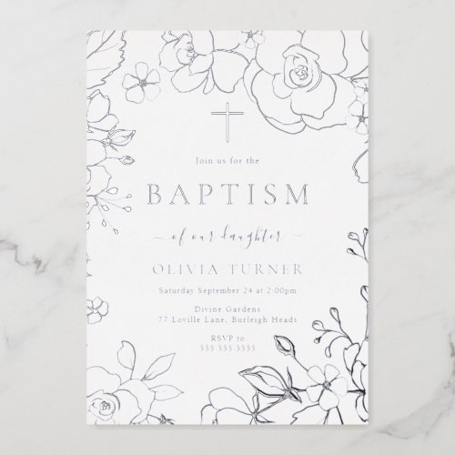 Silver Foil Floral Boy Or Girl Baptism Silver Foil Invitation