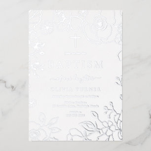 Silver Foil Floral Boy Or Girl Baptism Silver Invitation