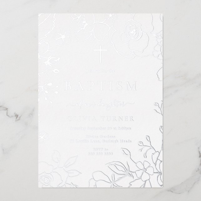Silver Foil Floral Boy Or Girl Baptism Silver Invitation (Front)
