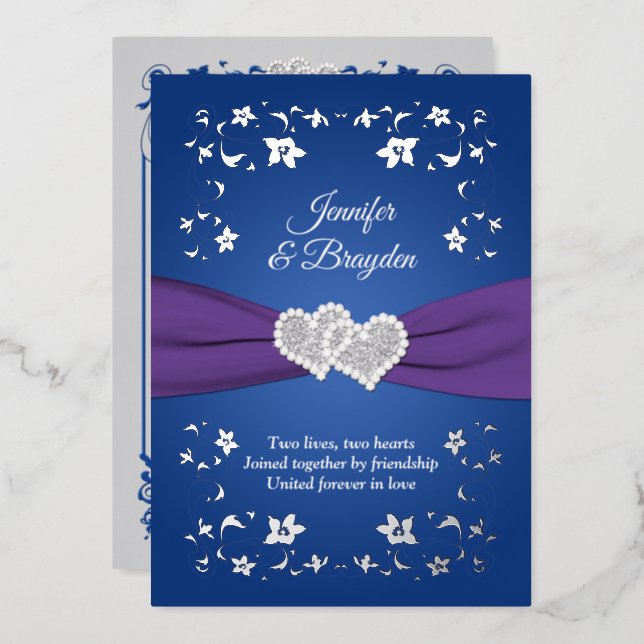 Silver Foil Floral, Joined Hearts Wedding Foil Inv Foil Invitation (Front/Back)