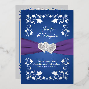 Silver Foil Floral, Joined Hearts Wedding Foil Inv Invitation