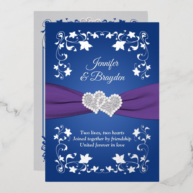 Silver Foil Floral, Joined Hearts Wedding Foil Inv Invitation (Front/Back)