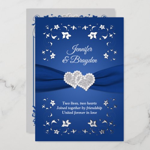 Silver Foil Floral Joined Hearts Wedding Foil Invitation