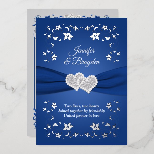 Silver Foil Floral, Joined Hearts Wedding Foil Invitation (Front/Back)