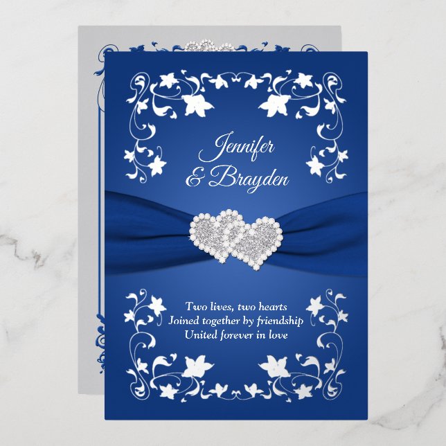 Silver Foil Floral, Joined Hearts Wedding Invitation (Front/Back)