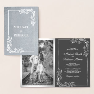 Silver Foil Floral Photo Grey Wedding Invitation