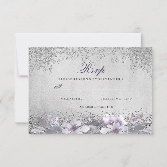 Silver Foil Floral Purple Wedding RSVP (Front)