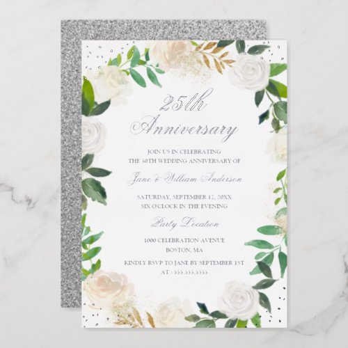 Silver FOIL Floral Wreath 25th Anniversary  Foil Invitation