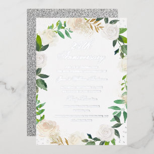 Silver FOIL Floral Wreath 25th Anniversary Invitation