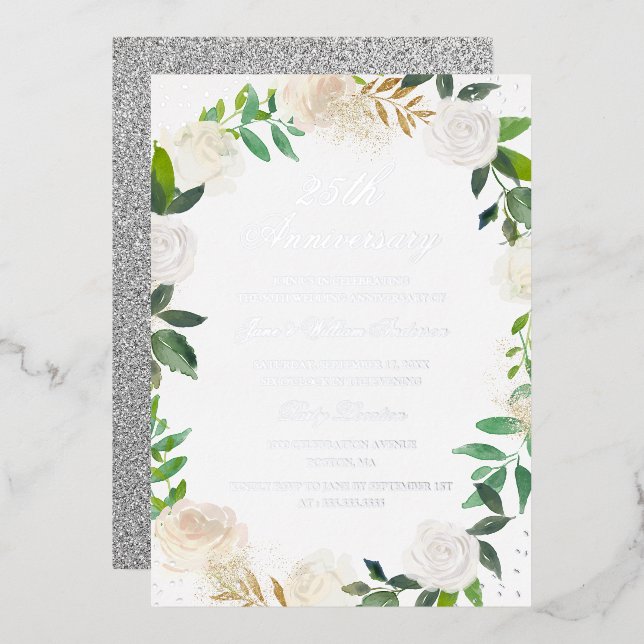 Silver FOIL Floral Wreath 25th Anniversary  Invitation (Front/Back)