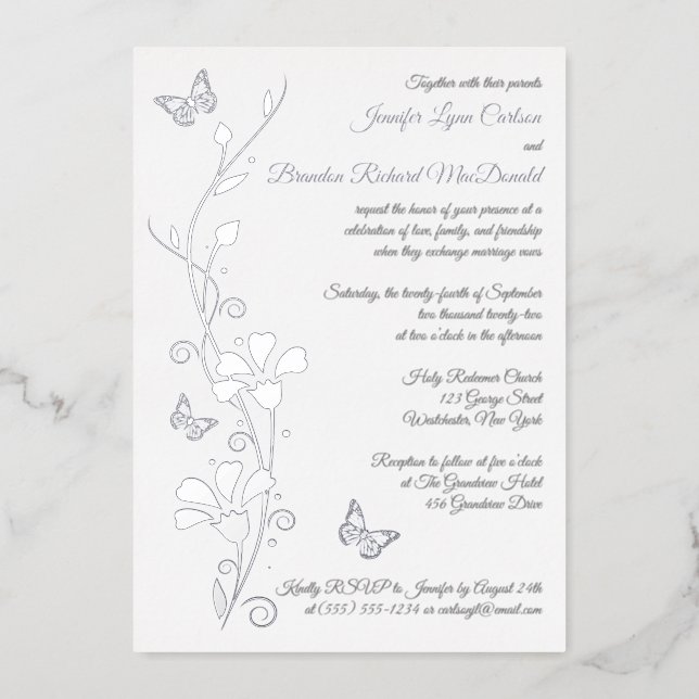 Silver Foil Flowers and Butterflies Wedding Invite (Front)