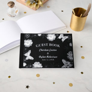 Silver Foil Flowers & Butterflies Black Wedding Foil Guest Book