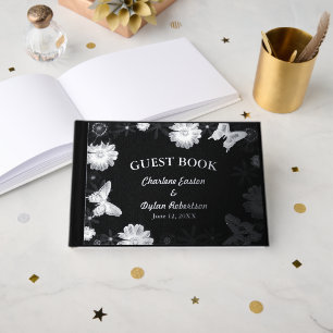 Silver Foil Flowers & Butterflies Black Wedding Guest Book