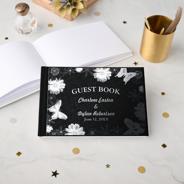 Silver Foil Flowers & Butterflies Black Wedding Guest Book (Front Open)