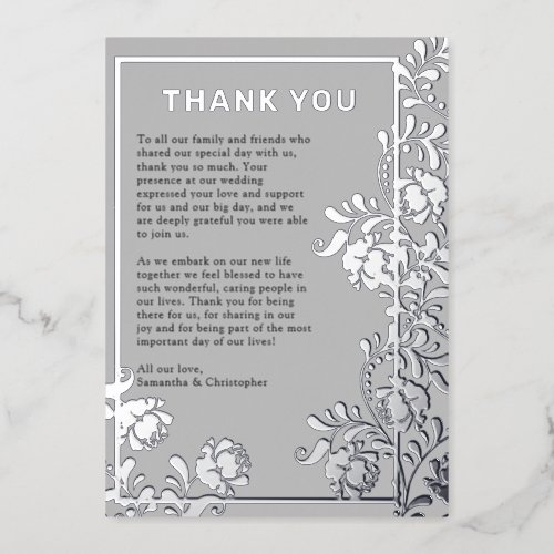 Silver Foil Foliage on Gray Wedding Thank You Card