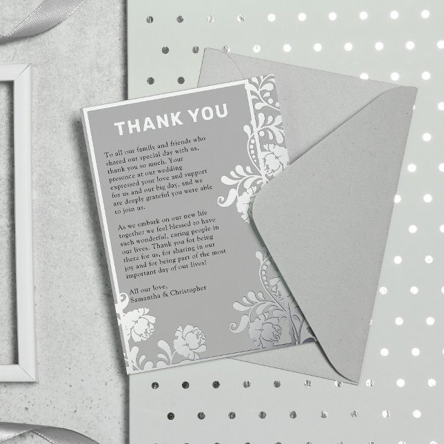 Silver Foil Foliage on Gray Wedding Thank You Card (Silver Foil Foliage on Gray Wedding Thank You Card by the Elegant Wedding)