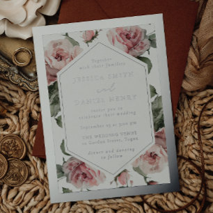 Silver Foil Frame Blush Floral Wedding Invitation