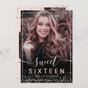 Silver foil frame confetti pink 5 photos sweet 16 invitation