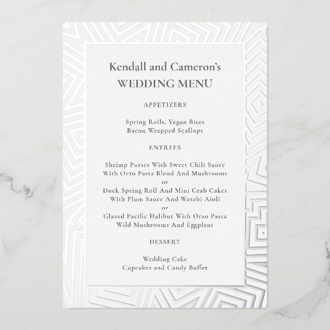 Silver Foil Geometric Border Wedding Menu Template (Front)