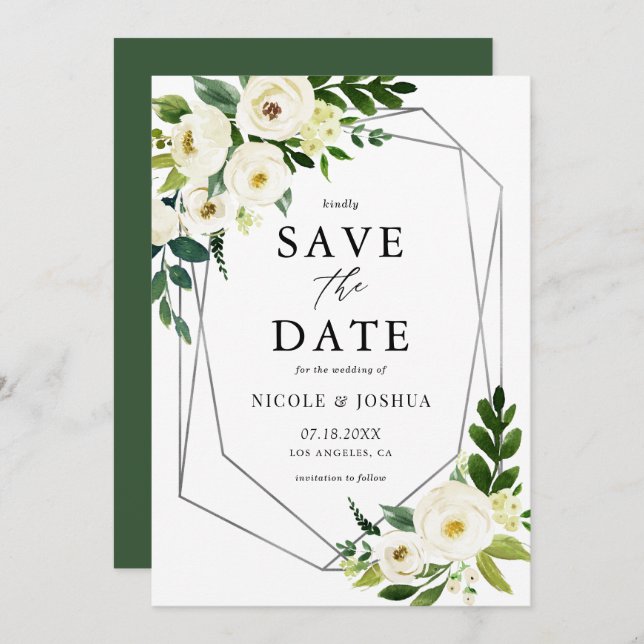 Silver Foil Geometric White Floral Frame Spring Save The Date (Front/Back)