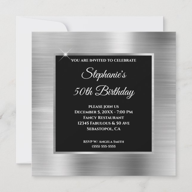 Silver Foil Glam Black Overlay 50th Birthday Invitation (Front)