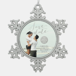 Silver Foil Glamor | Photo Save the Date Holiday Snowflake Pewter Christmas Ornament