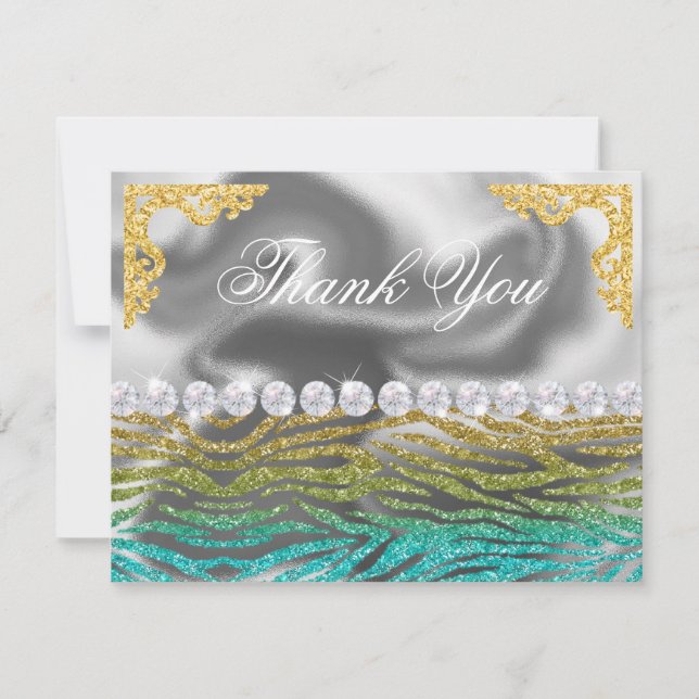 Silver Foil Gold, Teal Zebra Print Birthday Thank You Card (Front)