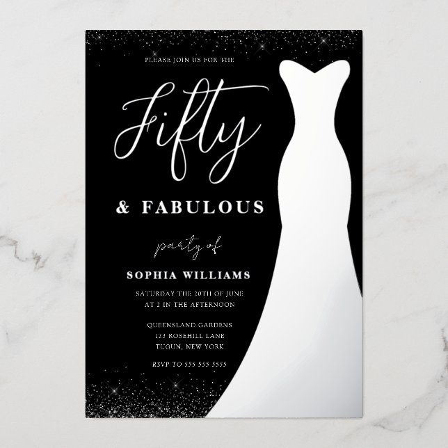 Silver Foil Gown Fifty & Fabulous 50th Birthday Foil Invitation (Front)