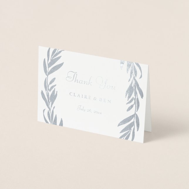 Silver Foil Gray Leaf Wreath Wedding Thank You Foil Card (Front)