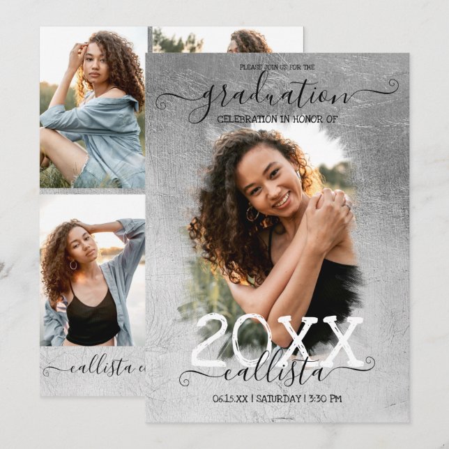Silver Foil Halo Photo Collage Graduation Invitation (Front/Back)