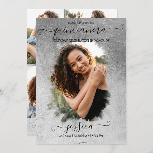 Silver Foil Halo Photo Collage Quinceañera Invitation (Front/Back)