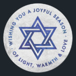 Silver Foil Hanukkah Greeting Sticker<br><div class="desc">Sticker with a silver foil effect backgroung,  with the Star of David and the Hanukkah greeting,  "Wishing you a joyful season of light,  warmth and love" in a dark blue watercolor effect. Perfect for using as favor stickers on gelt bags.</div>