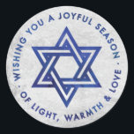 Silver Foil Hanukkah Greeting Sticker<br><div class="desc">Sticker with a silver foil effect backgroung,  with the Star of David and the Hanukkah greeting,  "Wishing you a joyful season of light,  warmth and love" in a dark blue watercolor effect. Perfect for using as favor stickers on gelt bags.</div>