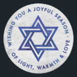 Silver Foil Hanukkah Greeting Sticker<br><div class="desc">Sticker with a silver foil effect backgroung,  with the Star of David and the Hanukkah greeting,  "Wishing you a joyful season of light,  warmth and love" in a dark blue watercolor effect. Perfect for using as favor stickers on gelt bags.</div>