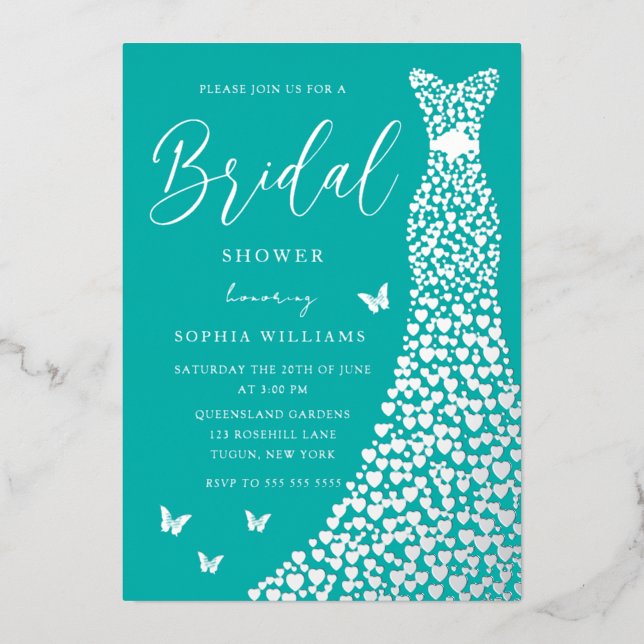 Silver Foil Heart Dress Teal Blue Bridal Shower Foil Invitation (Front)